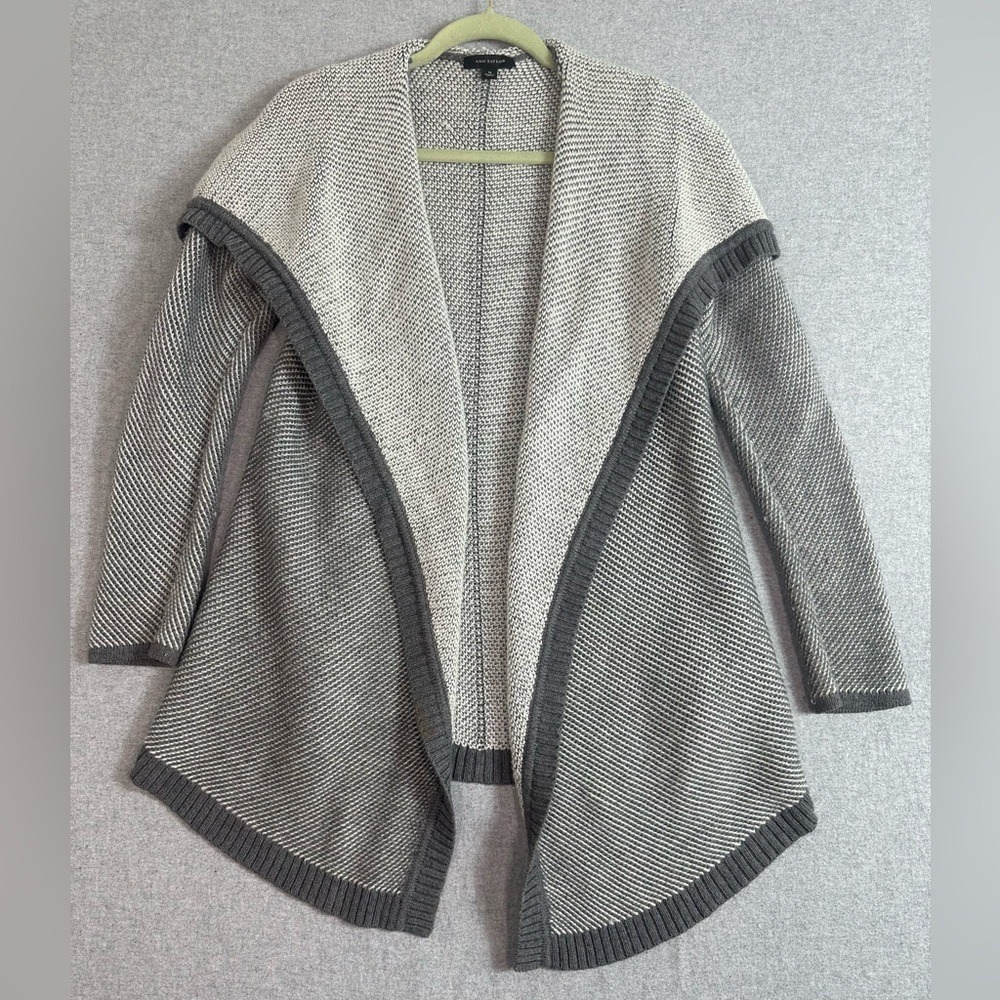 Ann Taylor Open Front Chunky Cardigan Sweater Womens Medium Gray‎ Sailor Collar